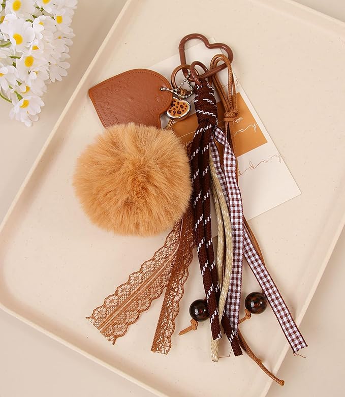 Kawaii Plush Keychain Purse Charms Cute Brown Bag Charms for Women Handbags