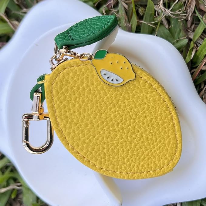 Cute Lemon Fruit Coin Purse Keychain – Mini PU Leather Zipper Pouch Bag Charm with Leaf Accent & Pendant, Kawaii Y2K Purse Charm for Backpack, Handbag & AirTag Holder for Women & Girls