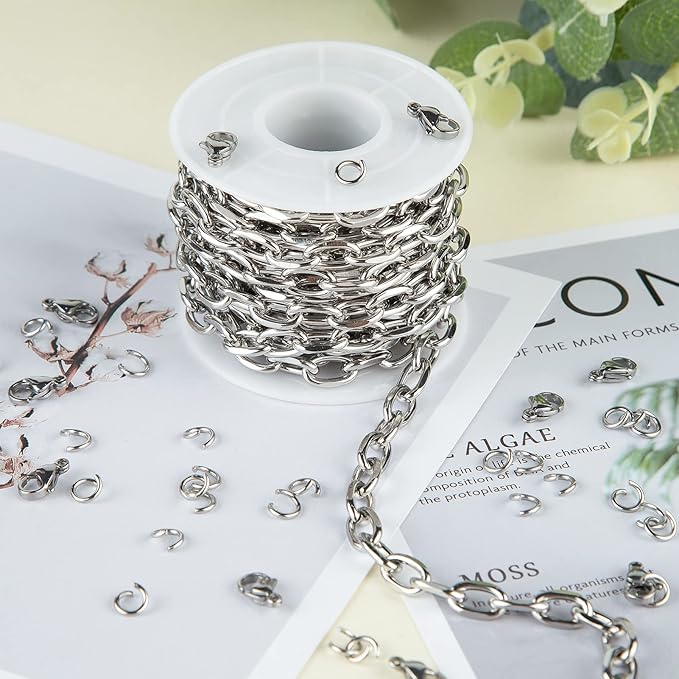 UMAOKANG 304 Stainless Steel Rolo Cable Chains Findings for Jewelry Making Men Women Necklace Bracelet DIY Supplies Silver Chain On Spool with Jump Rings Lobster Clasps