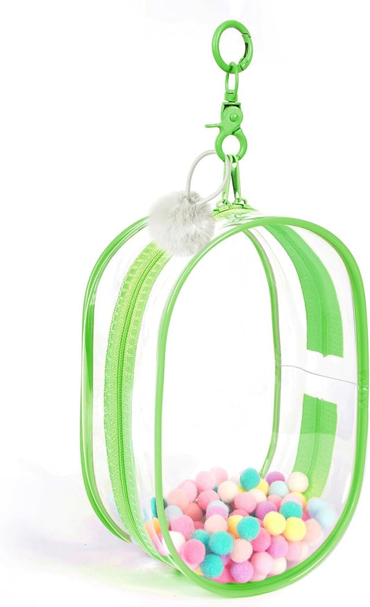 CHICHO Clear Figure Display Bag with White Hairball Keychain, Portable Doll Storage Bag Hanging Blind Box Organizer Zipper Closure