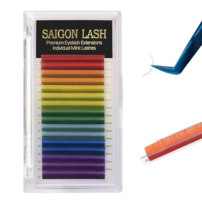 SAIGON LASH Eyelash Extensions, Mink Lash, Volume & Classic Lashes for Professionals, J/B/C/CC/D/L/M Curl, 4-15mm Length, Soft Korean PBT Fiber, 16 Rows Lash Tray (Rainbow-D-0.07-11mm)