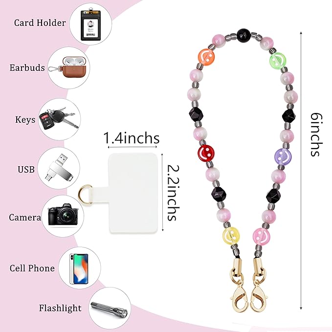 Marble Beaded Phone Wrist Strap,Detachable Phone Bracelet Strap with Tether Tab,Hands-Free Wristlet Strap (Colorful Smiley Face)