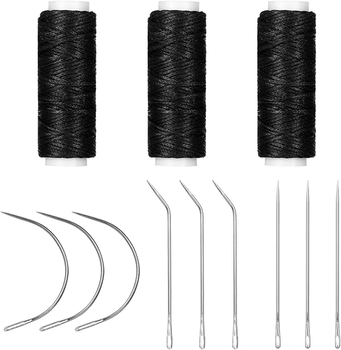 Hair Needle and Thread Set, 12pcs Hair Extension Tools 3 Rolls Hair Weave Sewing Threads with 9pcs C J I Shape Curved Upholstery Needles for Hand Sewing Hair Weave Extension Making Wig