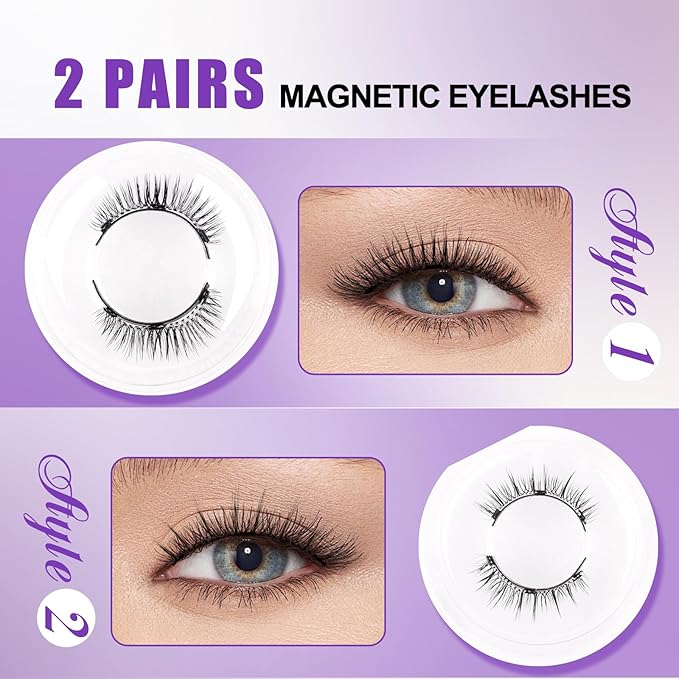 2-Pairs Magnetic Eyelashes Kit with Applicator: Wendy Natural Reusable False Lash Soft Waterproof False Lash No Glue Needed, 079+B01