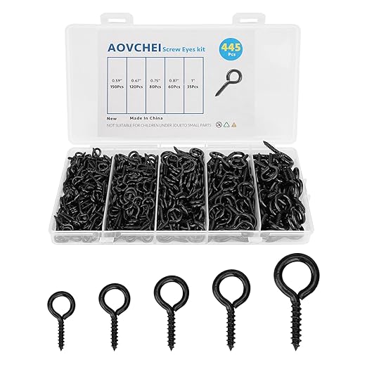 Aovchei Eye Screws Set, 455PCS 0.59" 0.67" 0.75" 0.87" 1" Heavy Duty Eye Hooks, Self Tapping Screw Bolts, Indoor & Outdoor for Hanging Artwork, Black