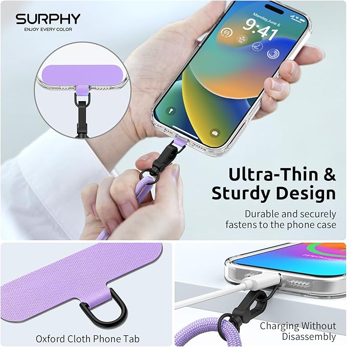 SURPHY Phone Lanyard, Adjustable Phone Strap Crossbody with 2 Pack Phone Tether Tab, Premium Metal Buckles, Skin-Friendly, Universal Cell Phone Lanyard Crossbody for Women and Men, Purple