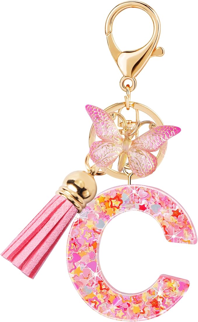 Initial letter Keychains for Women Girls Tassel Butterfly Cute Keychain for Wallet Backpack charm