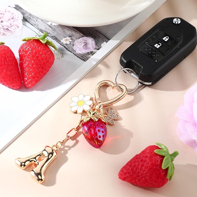 Strawberry Initial Keychain for Women-Cute Kawaii Gold Alphabet Bag Charms, Key chain Gift for Purse Handbag