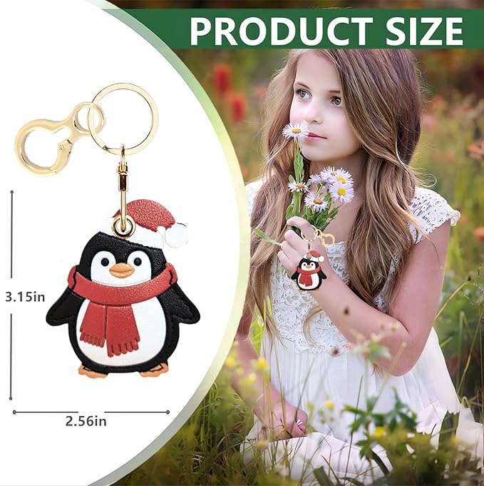 Leather Keychain Holder Case Compatible with AirTag,Cute Protective Cover with Keyring,Anti-Scratch Finder GPS Tracker Case for Wallet Keys,Bag,Pets(Penguin Red)