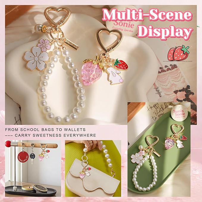 2Pcs Strawberry Keychain Flower Cherry Blossom Keychain Cute Bag Charms Strawberry Gift for Women Girls
