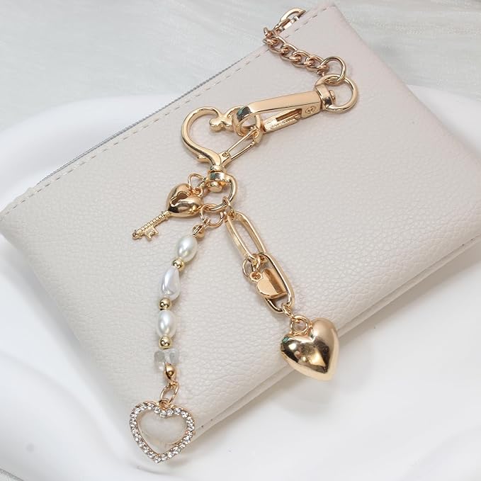 Pearl Beaded Keychain Charms, Cute Purse Charms for Handbags, Gold Starfish Keyring for Women, Heart Star Moon Shell