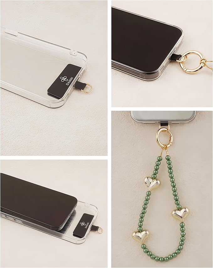 Beaded Phone Wrist Strap for Women Pearl Wristlet Strap Cute Phone Lanyard Golden Heart Shaped Bead Cellphone Chain (Green)