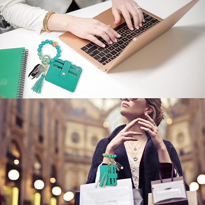 Keychain Wallet Wristlet Small Credit Card Holder Bracelet Key Chain Purse Bangle Tassel Beads Key Rings for Women