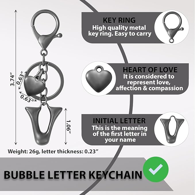 Heart Bubble Letter Keychain for Women, Girls - Cute Keychain with Initial - Alphabet Keychain for Bag Charm, Handbag