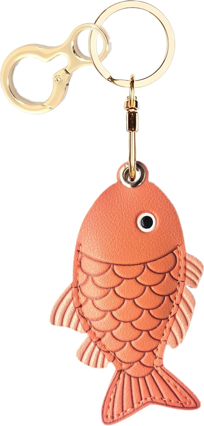 Leather Keychain Holder Case Compatible with AirTag,Cute Protective Cover with Keyring,Anti-Scratch Finder GPS Tracker Case for Wallet Keys,Bag,Pets(Fish Red)