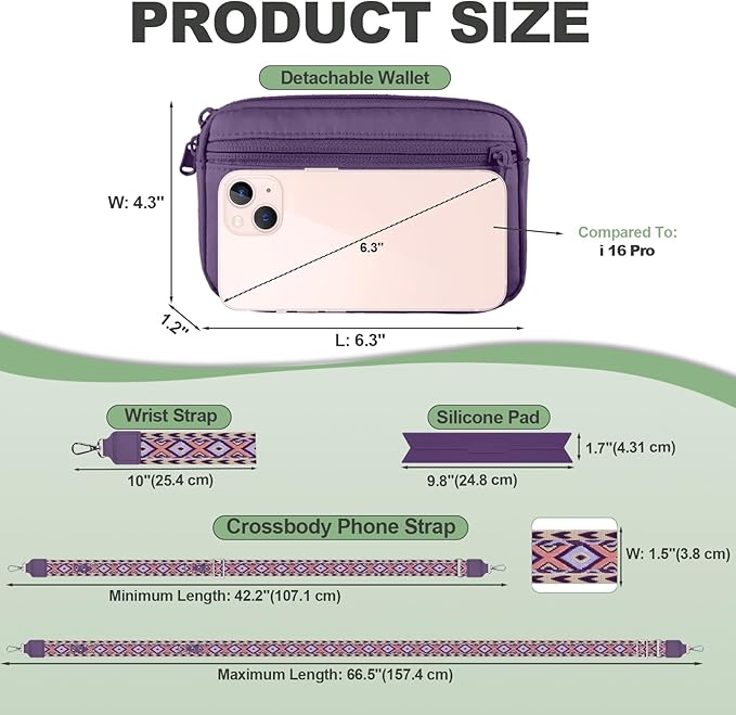 Clip and Go Strap for Phone with Wallet Crossbody, Adjustable Phone Lanyard with Detachable RFID Wristlet Wallet, Pattern Strap, Dark Purple(M)