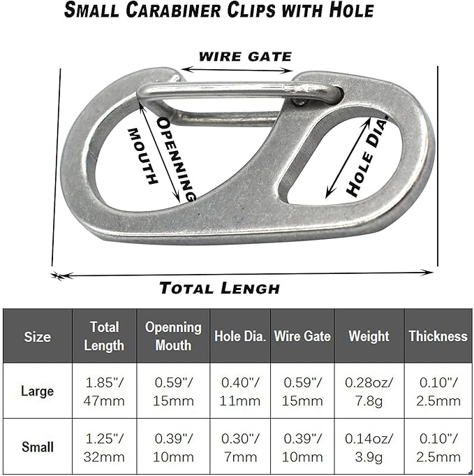 Small Carabiner Clips 1.25 inch/1.85 inch Snap Hooks with Fixed Eye Spring Gate Keychain Parocord Rope Clasps Accessories