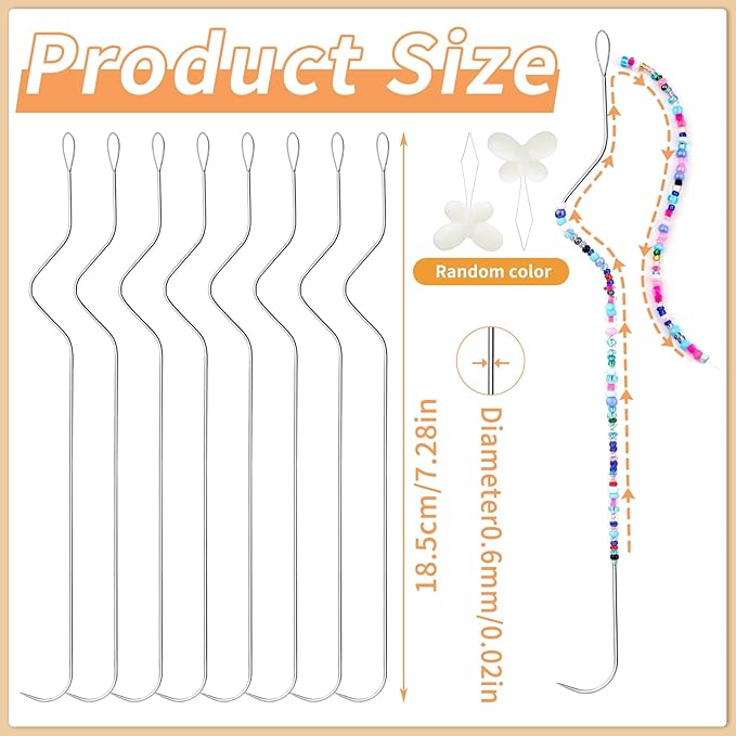 GarfxG 8 PCS Beading Needles-7.48 Inches Stainless Bead Spinner Needles, Big Eye Curved Beading Needles for Jewelry Making with 2pcs Threaders (Ergonomic Arc Design)