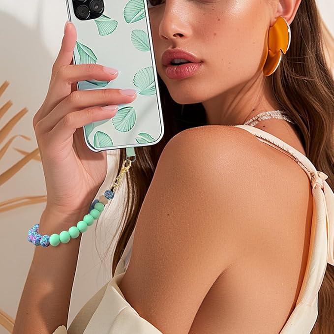 Marble Silicone Beaded Phone Wrist Strap, Cellphone Lanyard with Tether Tab, Elastic Hands-Free Wristlet Bracelet