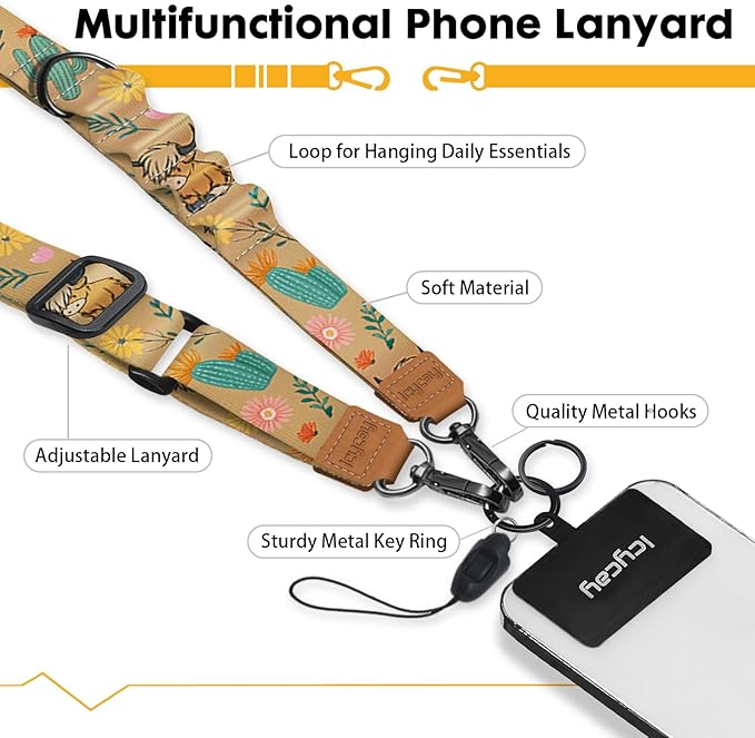 Phone Lanyard Crossbody, Highland Cow Cell Phone Strap for Around The Neck Adjustable, Western Teacher Anti Theft Cute Lanyard for iPhone Case ID Holder Keys Accessories Travel Essential