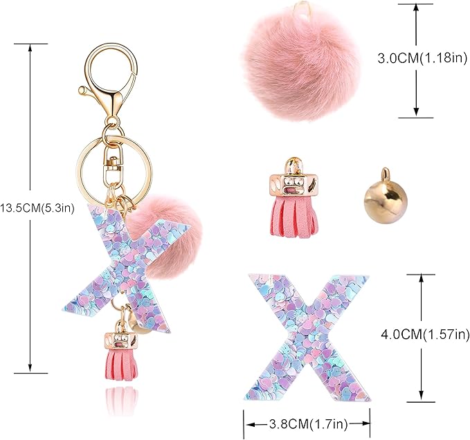 Resin Alphabet Initial Letter Keychain Keyring for Women Purse Handbags With Fur Ball Pom