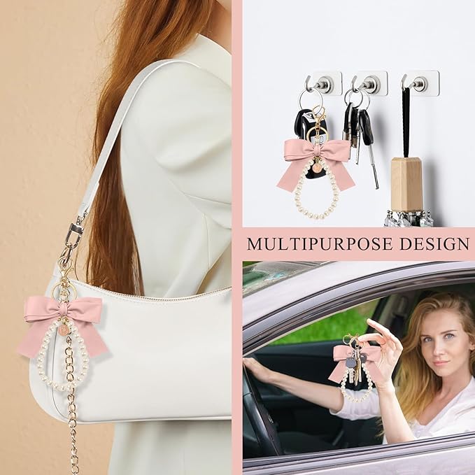XGALBLA Initial Letter Cute Coquette Bow Keychain for Women, Wristlet Simulated Pearl Keychains Bag Charms for Handbags