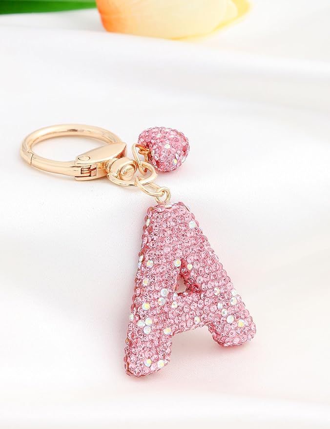 Initial Keychain for Women Girls,Bling Letter Key chain Initial with Heart,Pink Keychain Charms for Backpack Handbag
