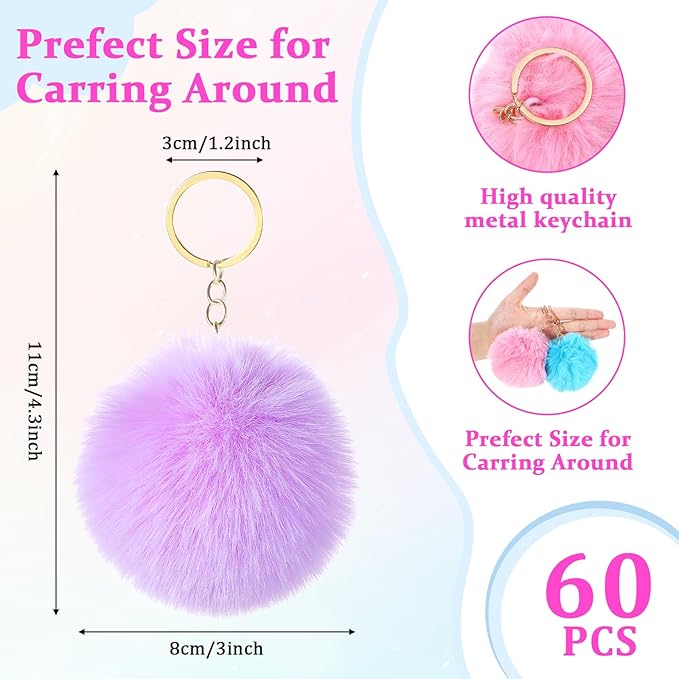 60 Pcs Colorful Pom Poms Keychains Fluffy Ball Bag Keychain Faux Fur Keyring Christmas Party Gifts Bulk Pink Backpack Charms Accessory for Women for Handbag Tote Bag Pendant Purse