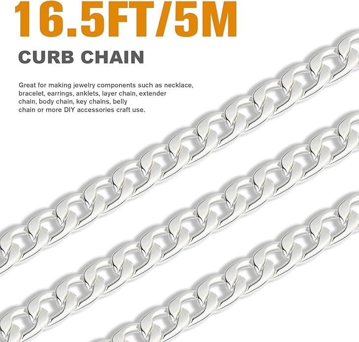 16.5 Ft Stainless Steel Curb Chains, 5mm 6mm 7mm 9mm Cuban Chain Roll Bulk for Jewelry Making