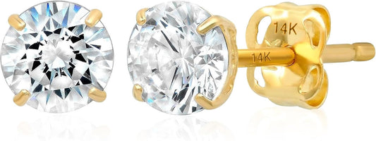 14k Gold Solitaire Round Cubic Zirconia Earrings Studs for Women & Men | Anti Tarnishing CZ Stud Earrings with 14k Gold Butterfly Pushbacks | 4MM-7.5MM by MAX + STONE