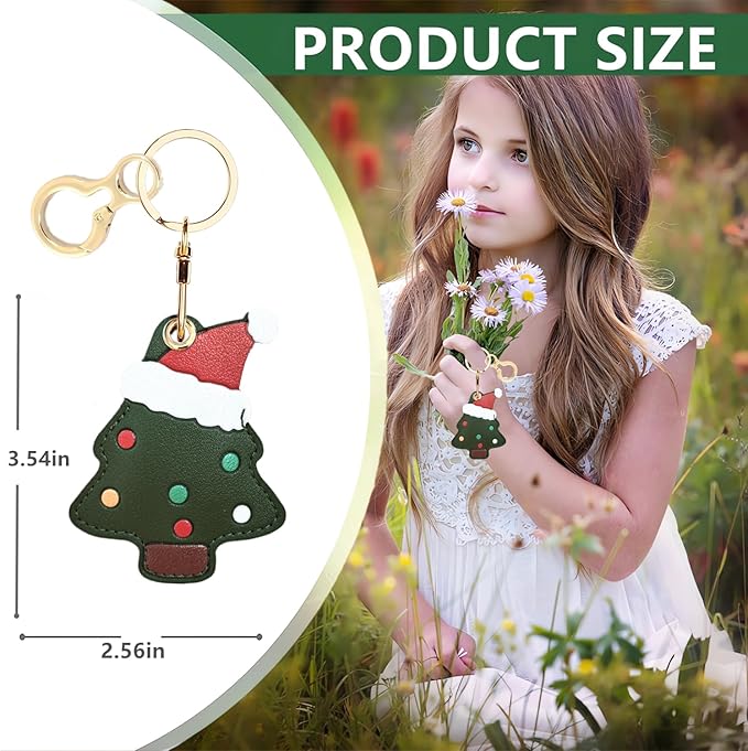 Leather Keychain Holder Case Compatible with AirTag,Cute Protective Cover with Keyring,Anti-Scratch Finder GPS Tracker Case for Wallet Keys,Bag,Pets(Christmas Tree)