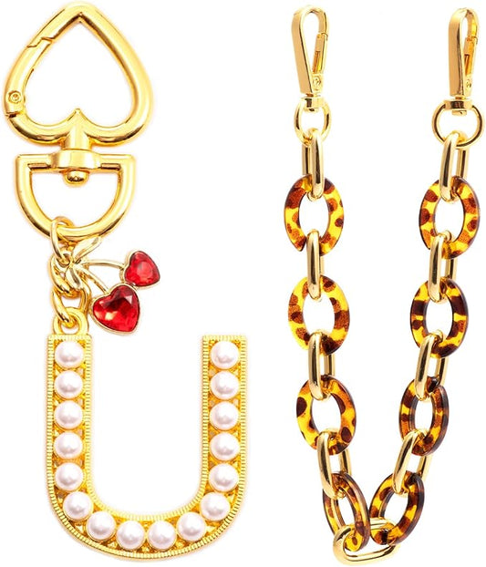 Pearl Initial Keychain with Leopard Bag Charms Wallet Chain Women Cute Alphabet Keychains Charm for Purse Handbag