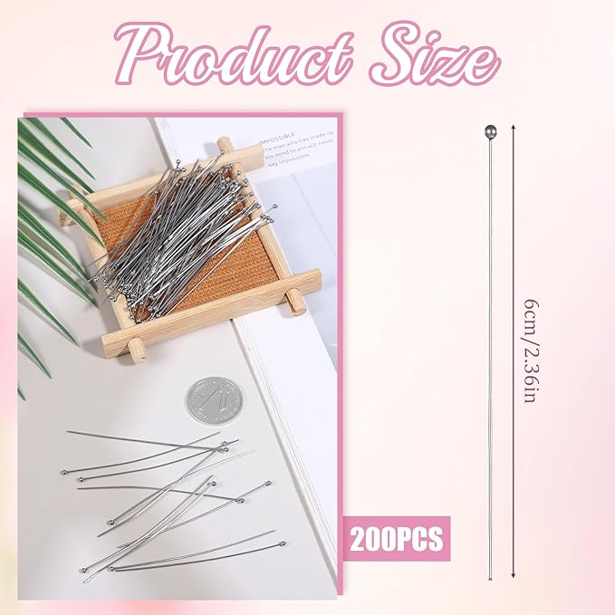 200pcs 60mm/2.36 Inch Stainless Steel Ball Head Pins Silver Jewelry Making Pins Bendable Headpin for Earring Pendant Bracelet Necklace Jewelry DIY Craft