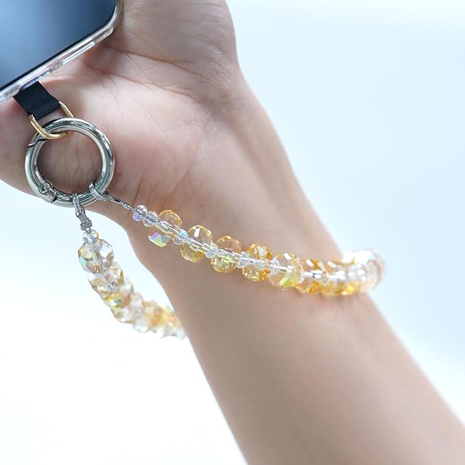 Crystal Beaded Phone Wrist Strap Glass Beads Bracelet Lanyard Crystal Chain Cell Phone Wristlet Strap for Women (Honey)