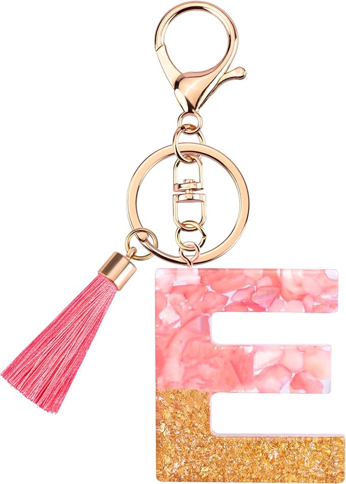 Suweibuke Cute Pink Key Chains for Women Girls, Initial Letter Keychains with Tassel, Charms for Key Purse Handbags Backpacks