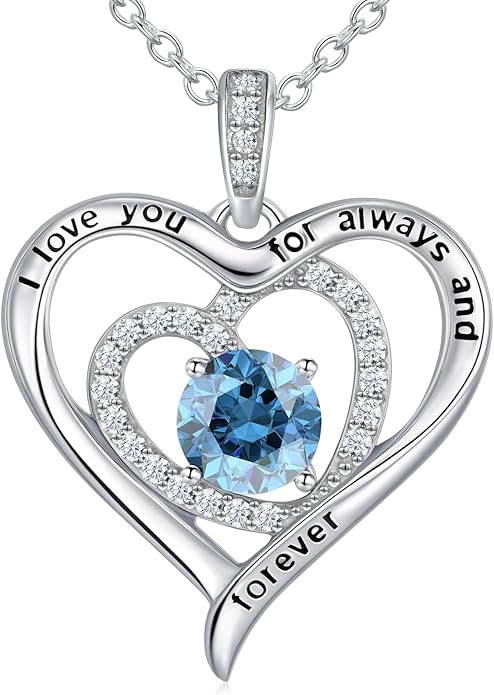 S925 Sterling Silver Necklace for Women, Valentines Day Gifts for Her, Love Heart Birthstone Necklaces for Women, Wife Jewelry, Mom Birthday Valentines Mothers Day Gifts, Girlfriend Necklaces, Daughter Heart Jewel, Anniversary for Her