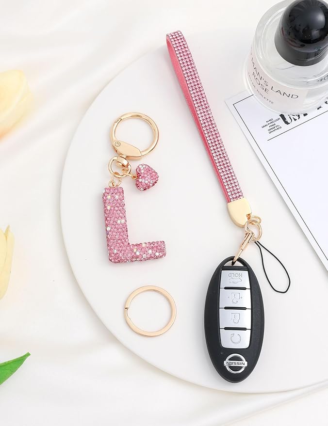 Initial Keychain for Women Girls,Bling Letter Key chain Initial with Heart,Pink Keychain Charms for Backpack Handbag