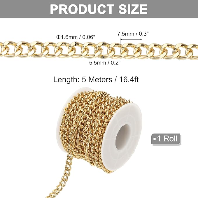PATIKIL 16.4Ft Aluminium Curb Chains Twisted Links, 7.5x5.5mm Curb Chain Spool Jewelry Making Chains Craft Chain for Necklace Bracelet Earring, Gold