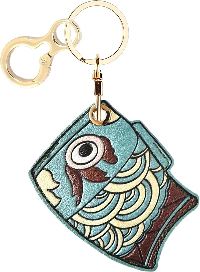 Leather Keychain Holder Case Compatible with AirTag,Cute Protective Apple Air Tag Cover with Keychain Ring,Anti-Scratch Finder GPS Tracker Case for Wallet Keys,Bag,Pets(Blue Fish)