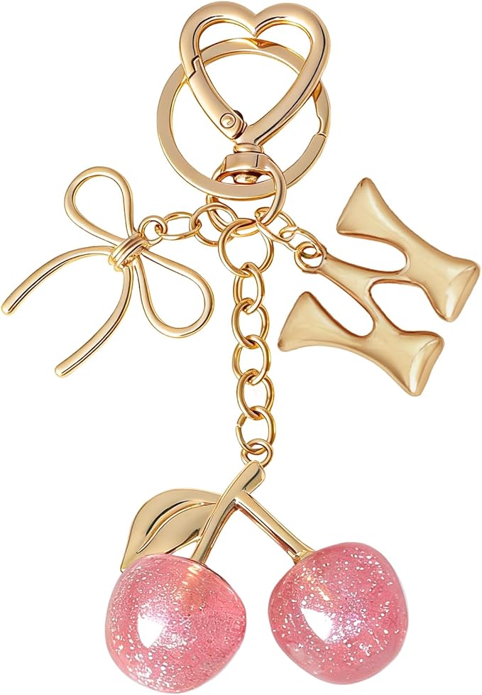 Snycler Bubble Initial Keychain with Cherry & Bow - Gold Letter Bag Charms for Women, Cute Purse Handbag Accessories