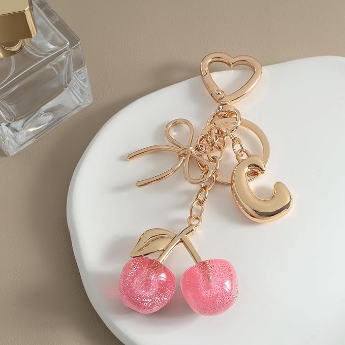 Snycler Bubble Initial Keychain with Cherry & Bow - Gold Letter Bag Charms for Women, Cute Purse Handbag Accessories