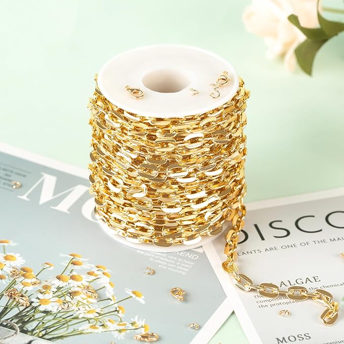 UMAOKANG 10 Meters Gold Plated Chain for Jewelry Making Aluminum Chain Roll Flat Paperclip Necklace Chain for Women Jewelry DIY Supplies Findings
