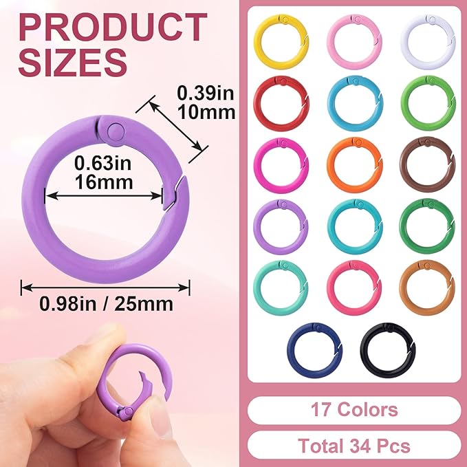 HINZIC 34Pcs 25mm Round Spring O Rings, Colorful Metal Carabiner Snap Buckle Clip Trigger DIY Accessories for Purse Keyrings Keychain Handbag Lanyard