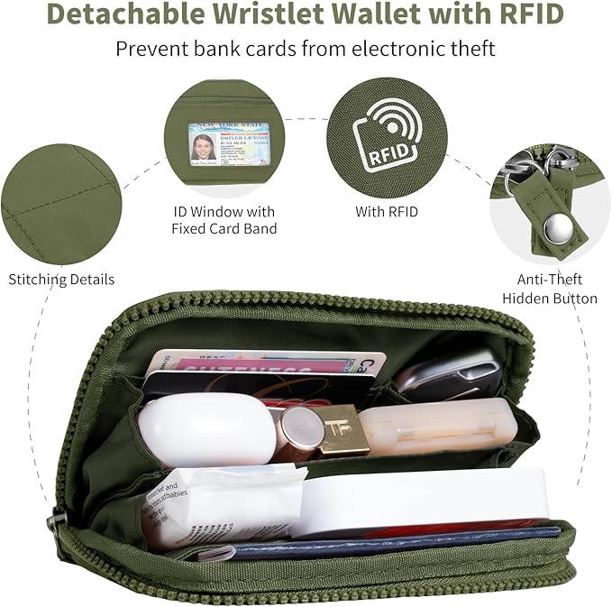 Clip and Go Strap for Phone with Wallet Crossbody Phone Lanyard with Anti-Theft Zipper Pouch Detachable Quilted Wrist Wallet with RFID and ID Window for Daily Travel. Green