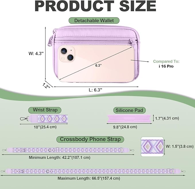 Clip and Go Strap for Phone with Wallet Crossbody, Adjustable Phone Lanyard with Detachable RFID Wristlet Wallet, Pattern Strap, Light Purple(M)