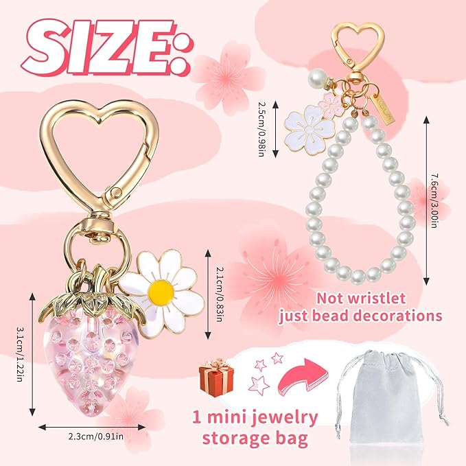 2Pcs Strawberry Keychain Flower Cherry Blossom Keychain Cute Bag Charms Strawberry Gift for Women Girls