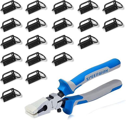 SPEEDWOX 20 Pcs 1.25" Dark Black Key Fob Hardware Set with Pliers, 8 Inch Glass Breaking Pliers with Rubber Tips TPR Handles, for Wristlet Keychain Key Lanyard Making