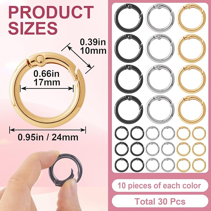 30Pcs 24mm Zinc Alloy Spring O Rings, Round Colorful Carabiner Snap Clip Trigger Buckles DIY Accessories for Keyrings Bag Purse Handbag Keychain Lanyard
