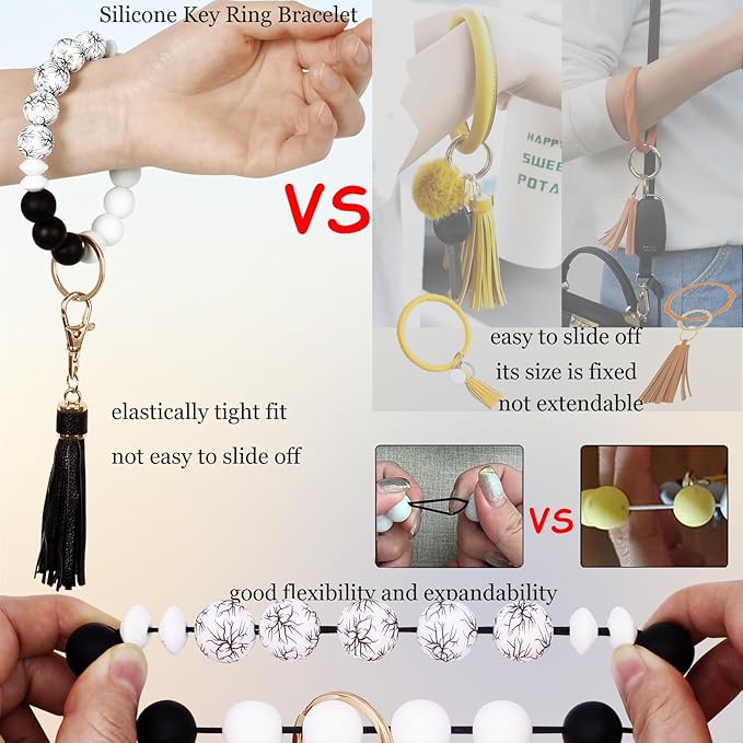 BIHRTC Key Ring Bracelet Car Keychain Holder Wristlet Silicone Women Beaded Bangle Chains