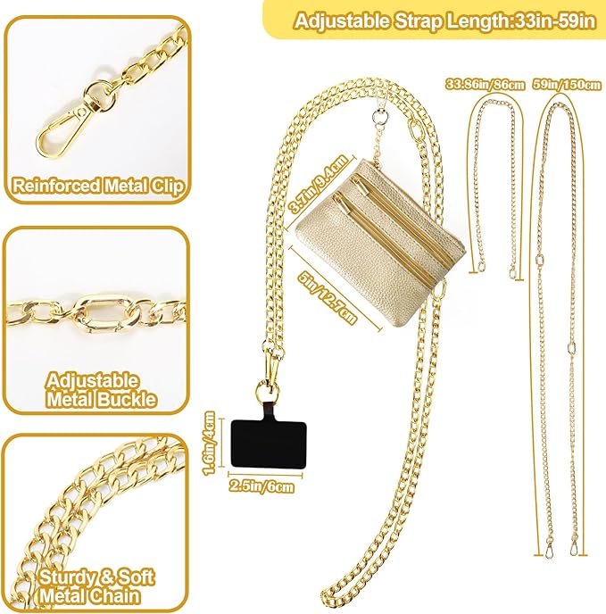 XANGNIER Clip and Go Strap for Phone with Wallet Crossbody, Phone Strap with Zippered Wallet, Adjustable Anti Theft Cellphone Lanyard for Women, Cellphone Chain Accessories,Chain Gold